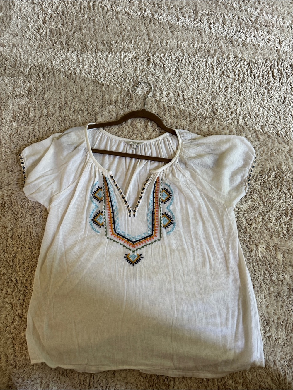 White Embroidered Peasant Top - Lightweight Summer Tee